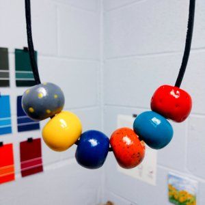 Polymer clay necklace beads: gray, yellow, blue